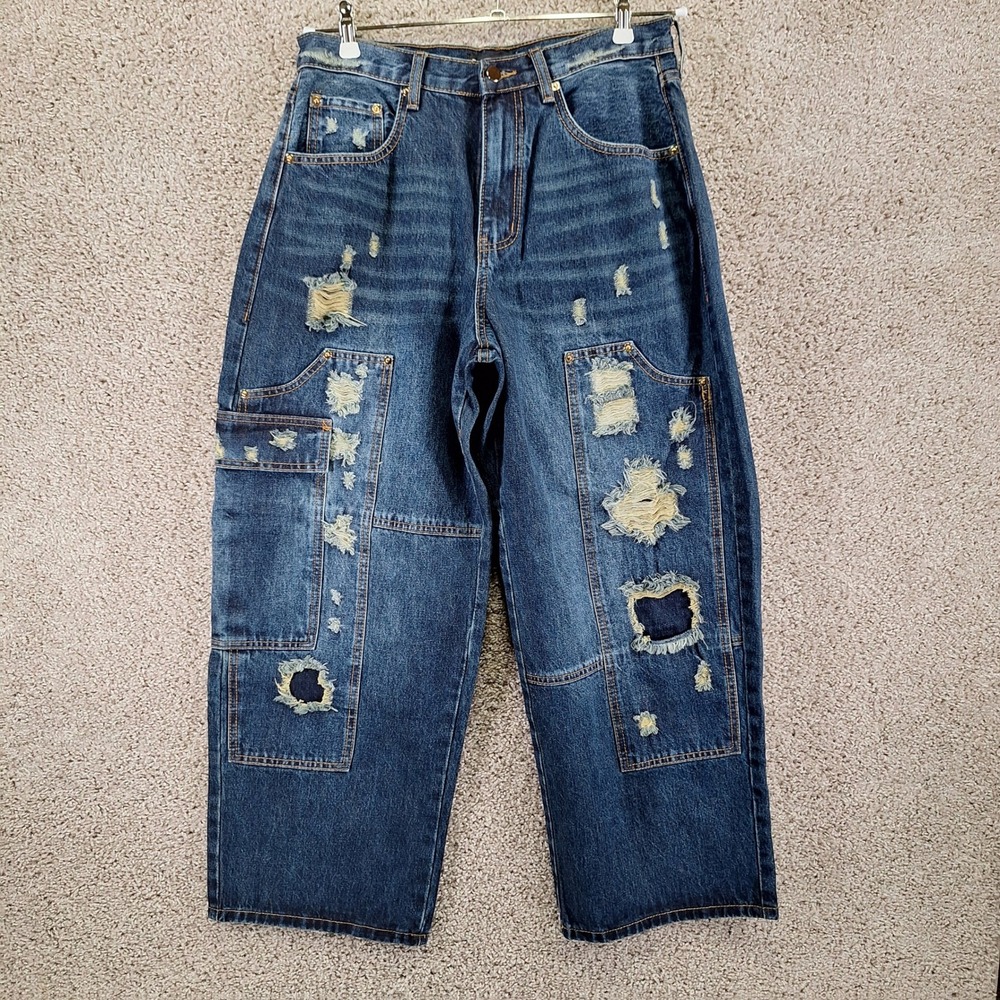 Fashion Nova Jeans Womens 9 (Fits 32x27.5) Medium Wash Distressed Carpenter‎ Y2K